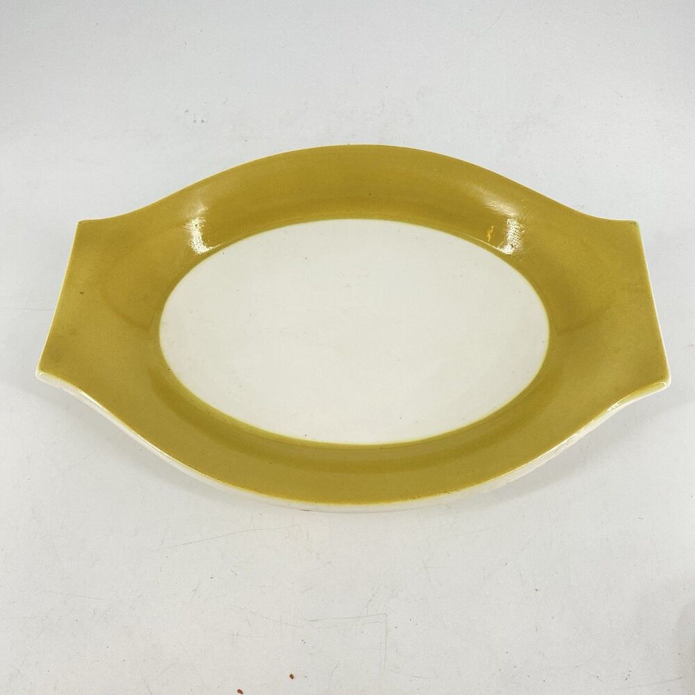 Vintage Jackson Custom China 12” Oval Serving Platter Yellow White USA